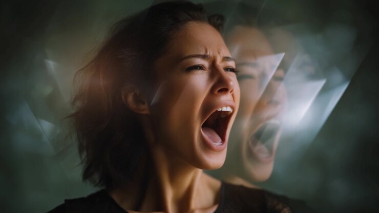Una potente espressione di emozione è catturata mentre una donna urla, mostrando sentimenti crudi di angoscia e intensità attraverso le sue vivide espressioni facciali e l'ambiente circostante
