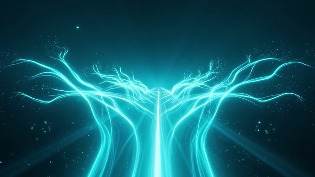 Abstracte motion graphics van gloeiende cyaan lichtsporen en deeltjes