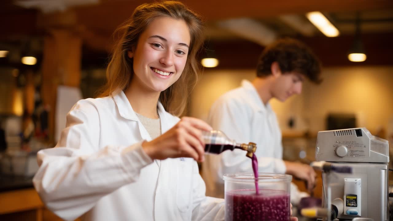 A Young Scientist in a Laboratory Setting Carefully Pours Liquid from a Small Container into a Larger Jar, Showcasing Experimentation with a Vivid Purple Substance