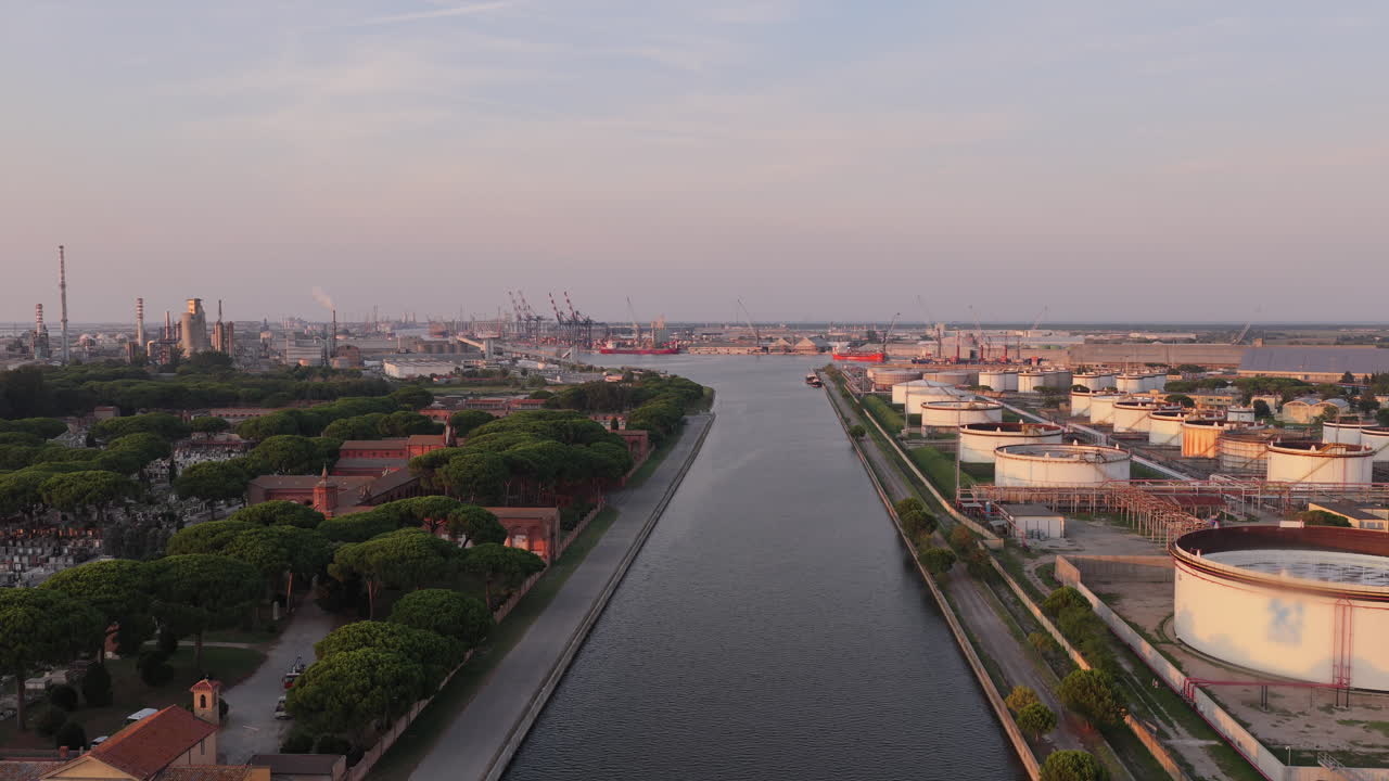 Nice drone shot showcasing its chemical, petrochemical, and port industries, Ravenna, Italy