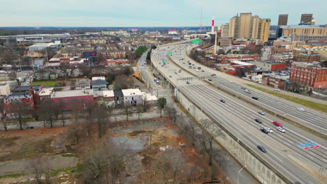 drone shot of downtown atlanta highway, georgia, usa