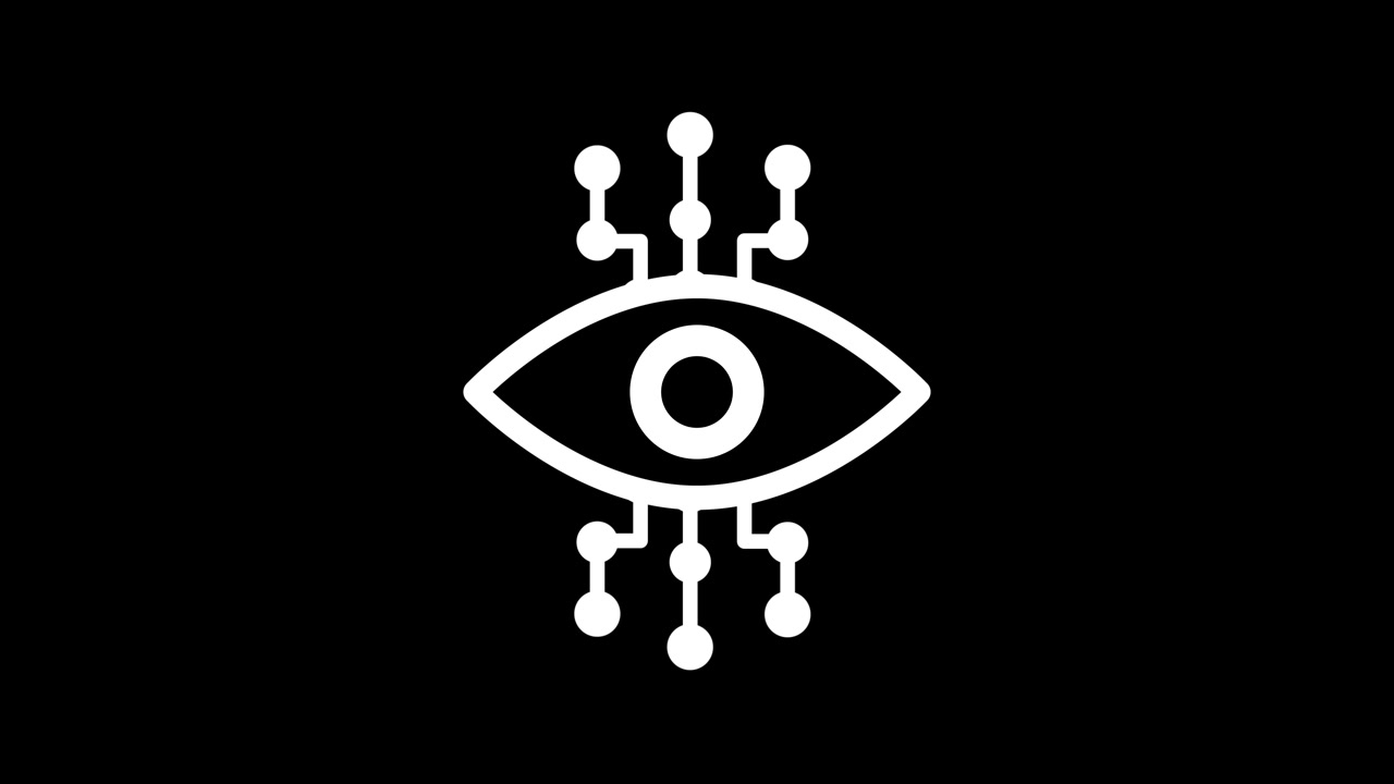 An eye with surrounding network nodes animation isolated on black background