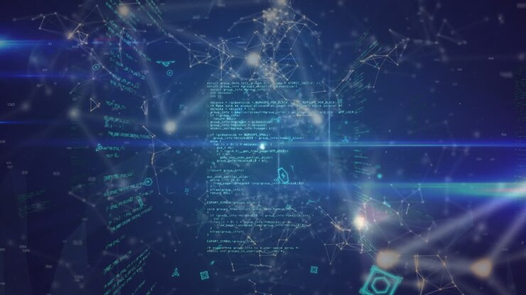 Animation of network of connections and data processing on blue background