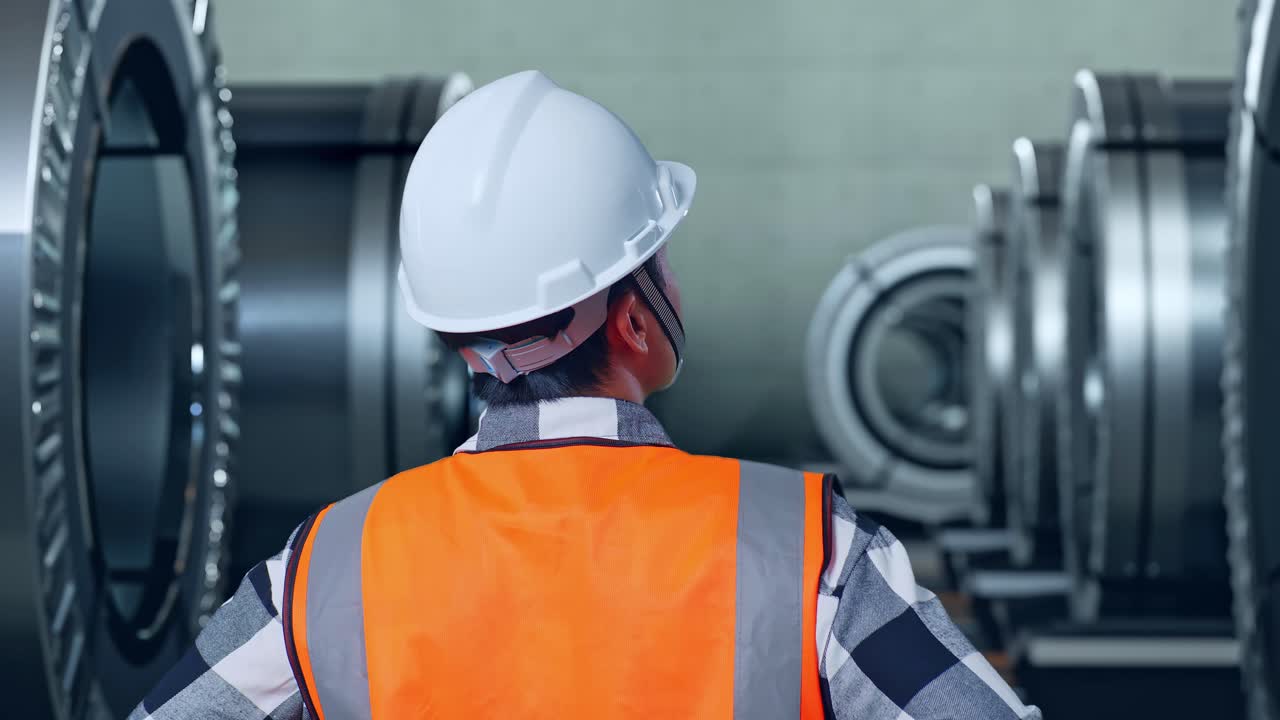 Close Up Back View Of A Male Engineer Wearing Safety Helmet Looking Around While Standing With Arms Akimbo In Metal Factory