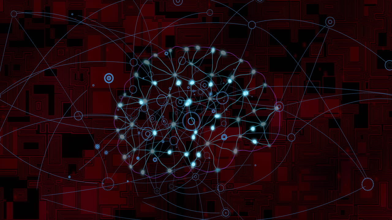 Neural network connections and data processing animation over red geometric background