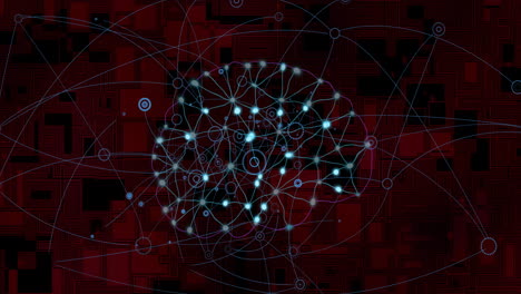 neural network connections and data processing animation over red geometric background