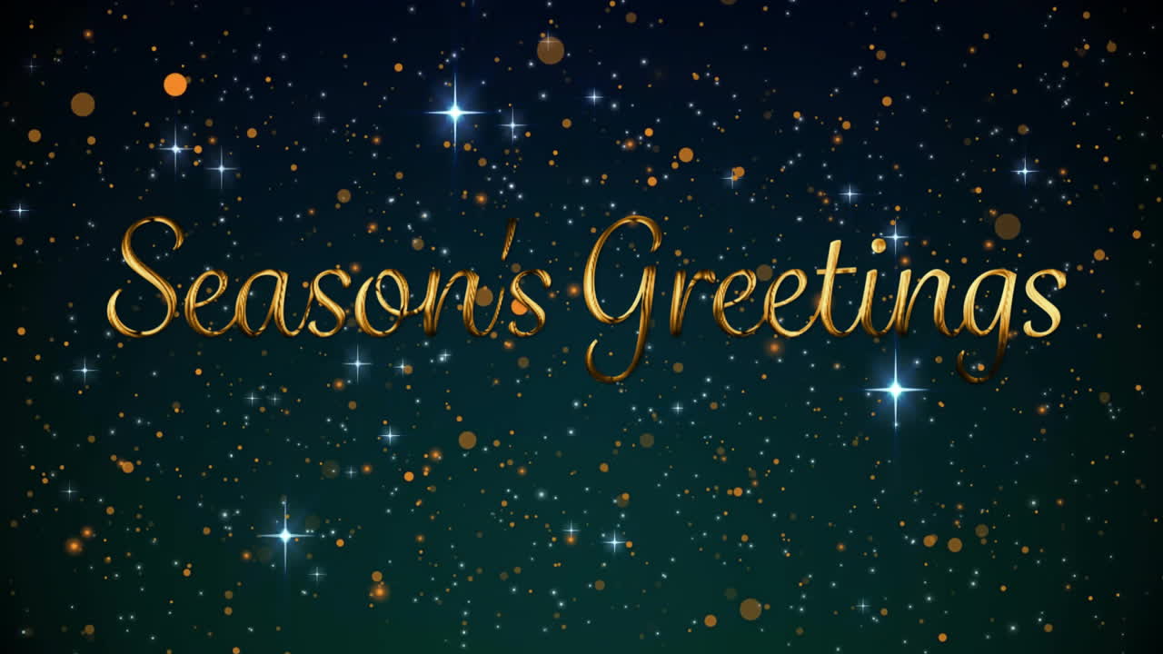 Season's Greetings text animation over sparkling stars and golden particles