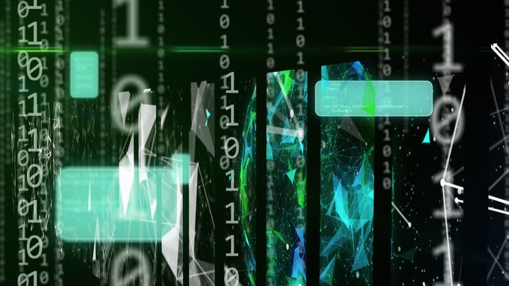 Animation af digitale ikoner, binær kodning og databehandling.