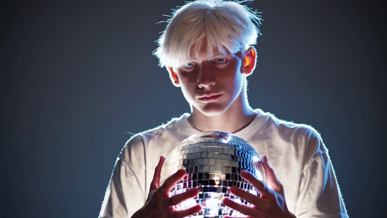 Young individual with white hair holds a shimmering disco ball, illuminated by soft light, creating a captivating atmosphere of reflection and anticipation in a dynamic scene