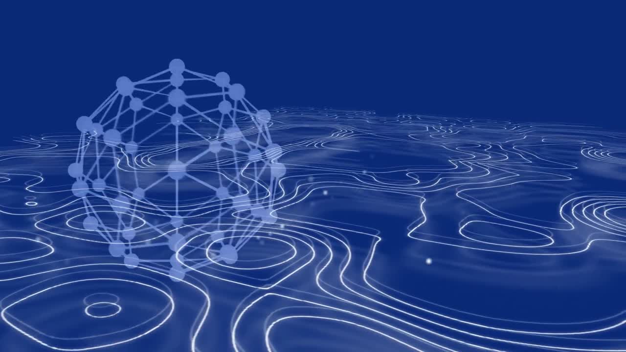 파란색 지구와 파란색 배경 위에 움직이는  ⁇ 색 지도 선의 애니메이션