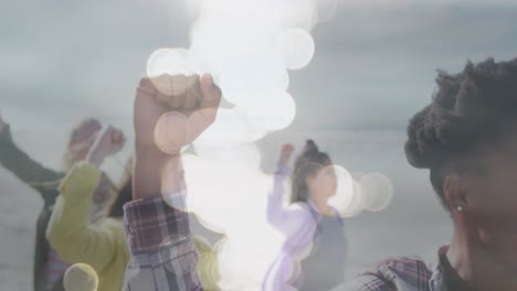 Animación-De-Diversas-Mujeres-Levantando-La-Mano-Sobre-Puntos-De-Luz