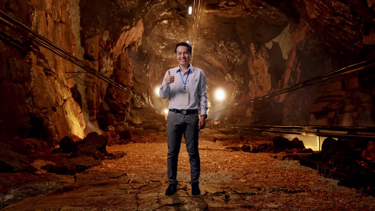 Full Body Shot Captures Of An Asian Male Professional Worker Standing In Underground Mine Tunnel, His Broad Smile At The Camera And Giving Thumbs Up