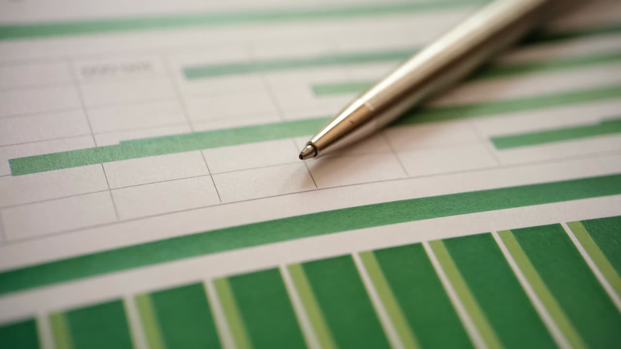 Ballpoint pen lying on documents with charts of financial profit growth closeup 4k movie