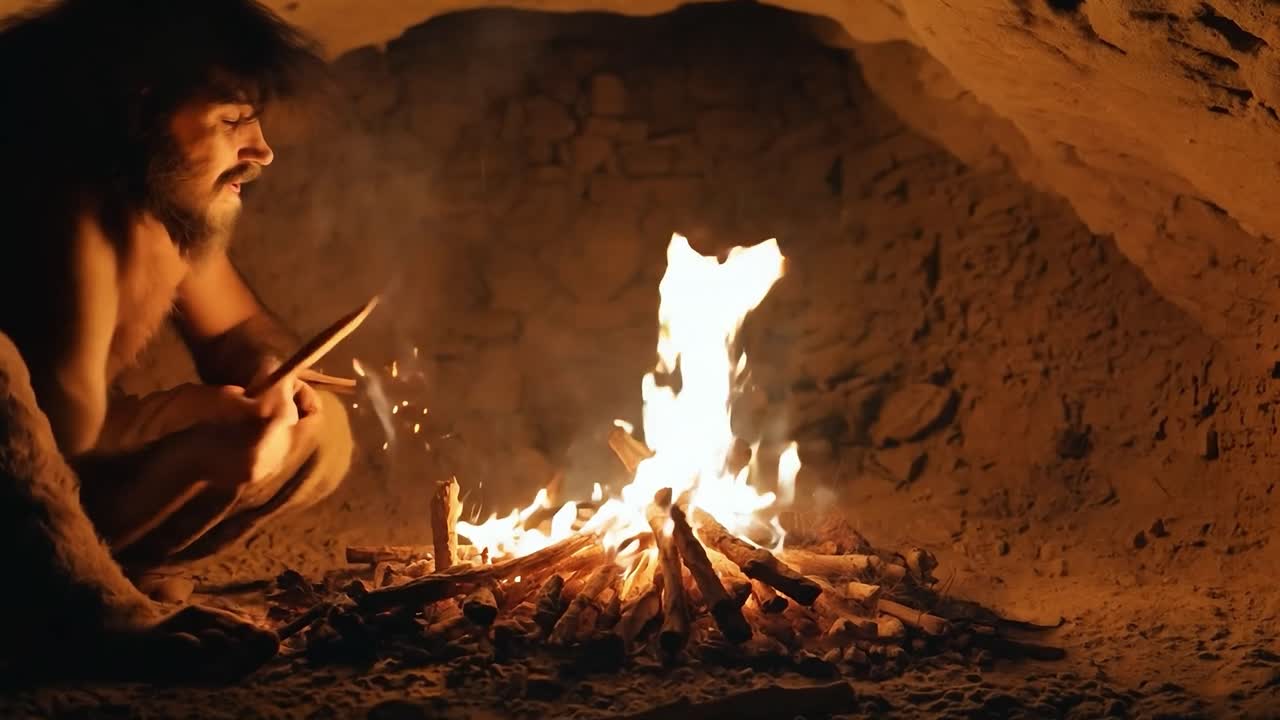 동굴 사람이 동굴의 불 에 앉아 있다