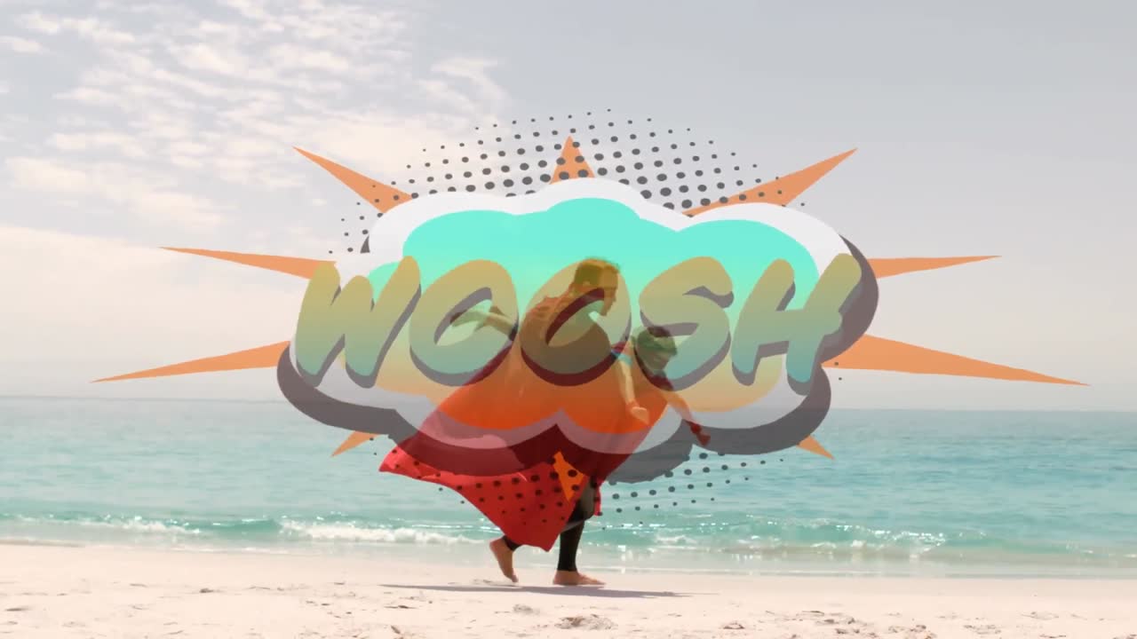 슈퍼히어로 의상을 입은 아들을 들고 있는 남자에 대한 발언 거품에 대한 우쉬 텍스트