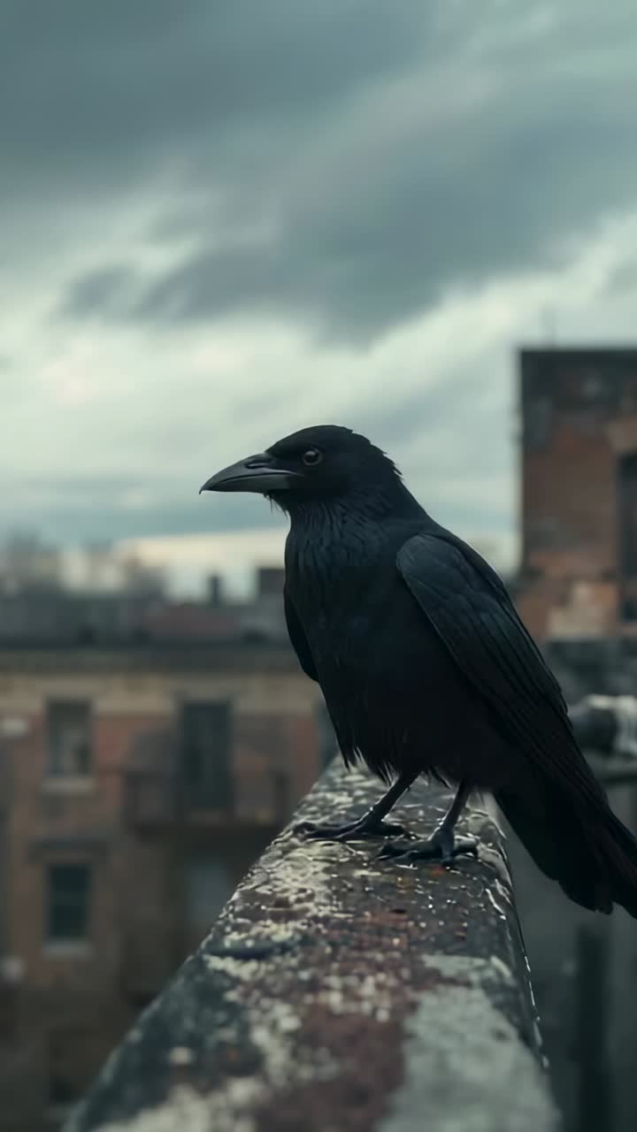 Vertical video: Sensing breeze, black crow preening, hopping and taking flight from worn parapet