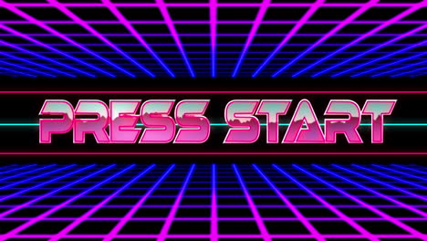 animation of press start text over gradient grid network in seamless pattern on black background