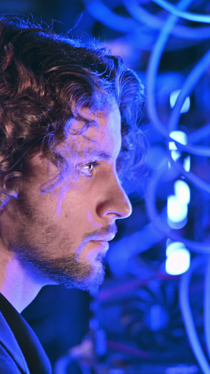 Man analysing servers in a data center. Vertical