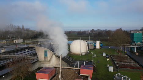 Aerial-view-circling-waste-water-sewage-treatment-Biogas-spherical-tank-supply-with-venting-steam