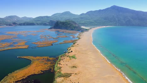 River-Estuary-Separated-From-Mediterranean-Seaside-By-Narrow-White-Sand-Spit-Beach