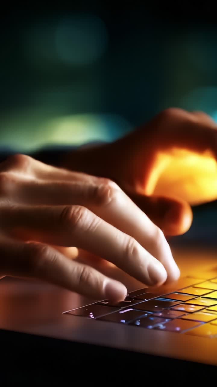 Close-Up View of a Person's Hand Typing on a Laptop Keyboard in a Dimly Lit Room, Highlighting the Interaction with Technology and Focused Engagement