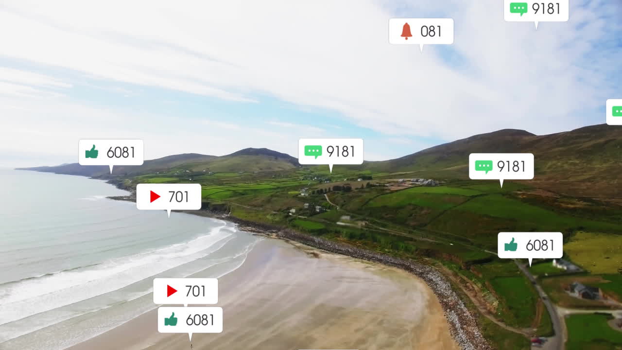 Animation of social media notifications overlaying coastal landscape with ocean waves