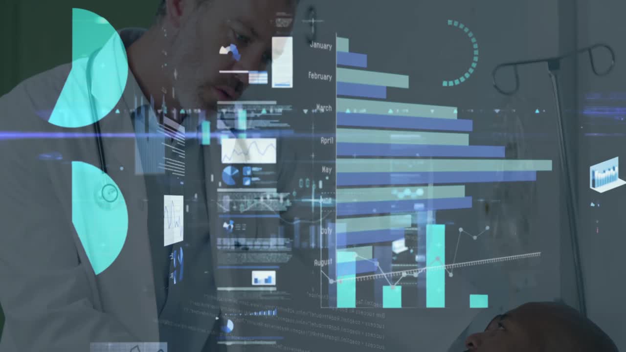 Animation of financial data and graphs over diverse male doctor and patient