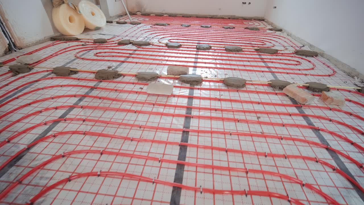 Installing underfloor heating pipes for water heating. Heating systems. Pipes for a heat-insulated floor.