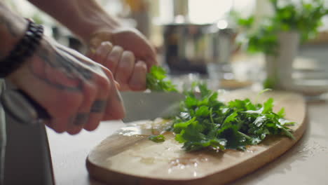 de-stemming fresh parsley with knife