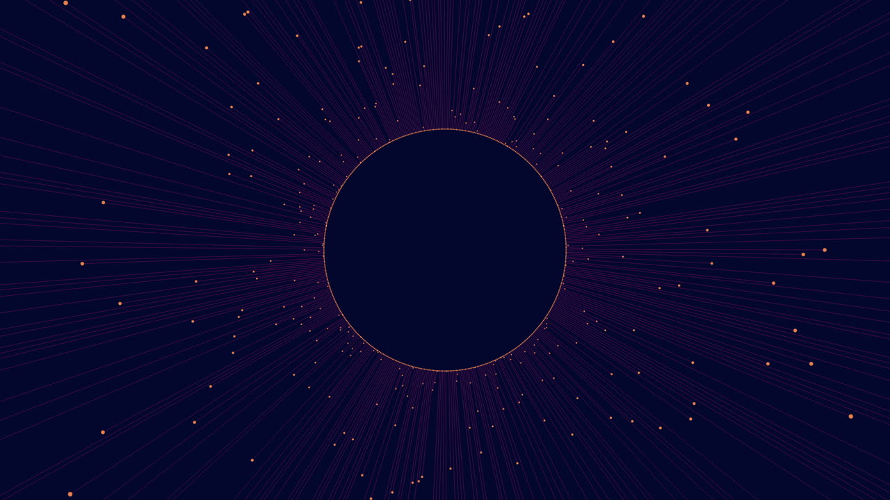 빛나는 빛은 빛나는 선과 점으로 둘러싸인 검은 원에서 발사됩니다.