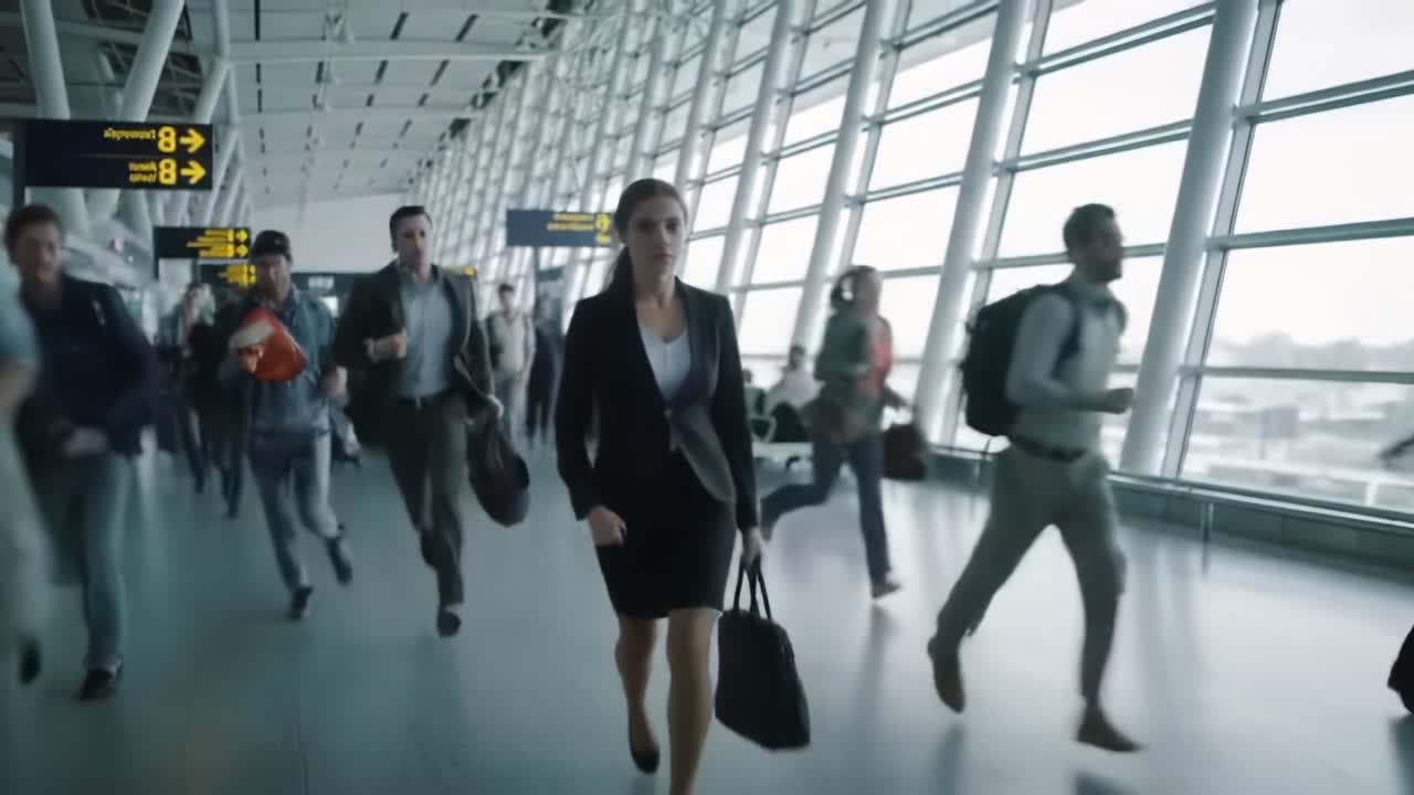 A Determined Businesswoman Navigates a Busy Airport Terminal with Purpose and Focus, Illustrating the Hustle of Modern Travel and Professionalism in Motion
