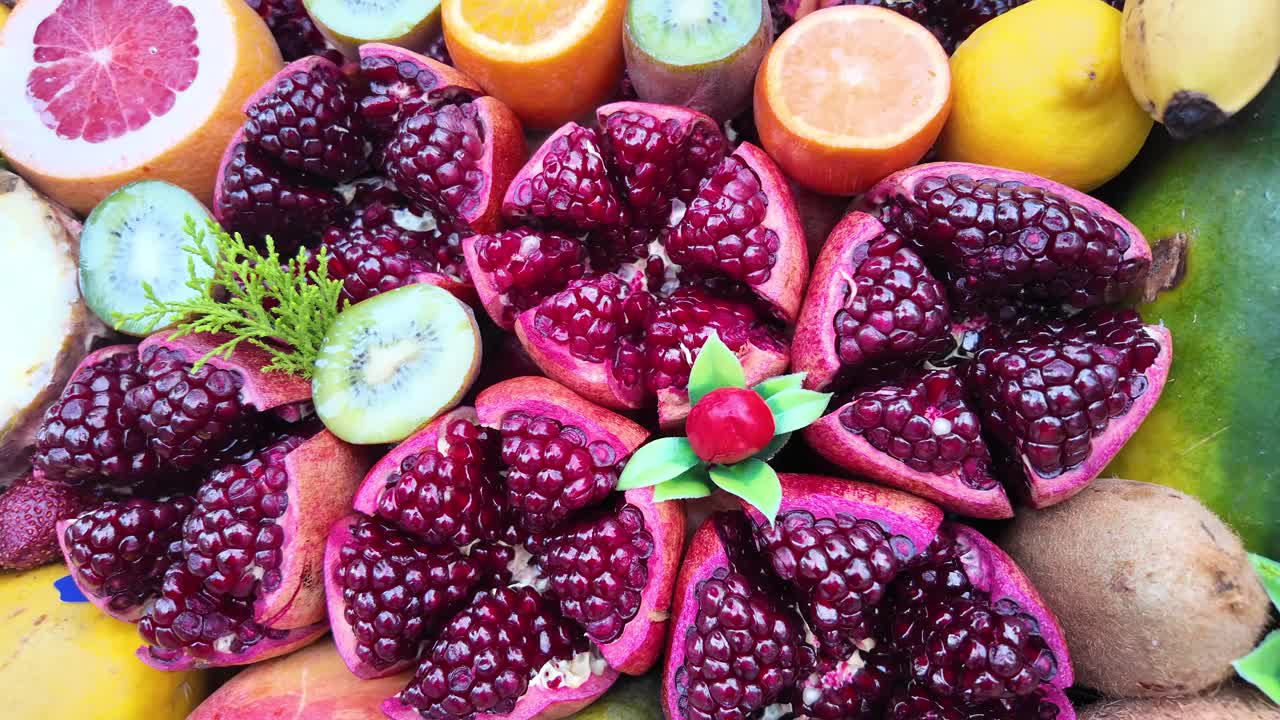 Colorful Fruit Platter with Pomegranate, Grapefruit, and Kiwi