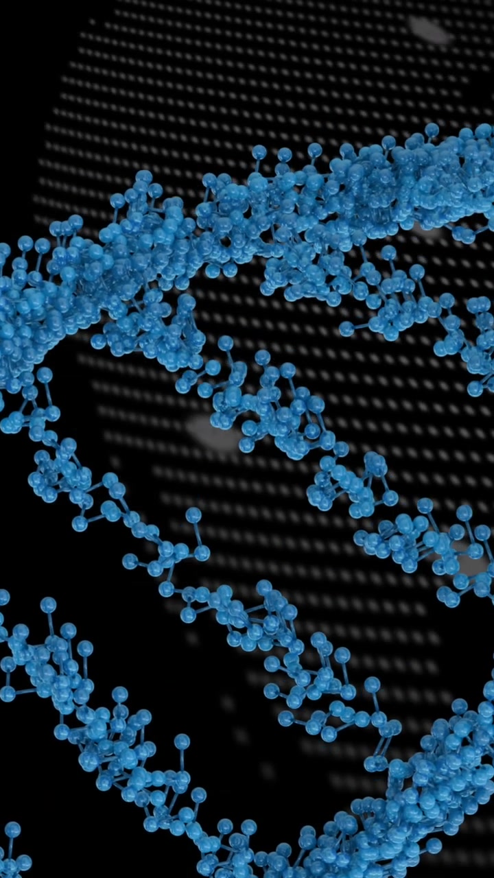 Animazione di filamento di DNA blu, cervello e corpo umano con elaborazione dati scientifici.