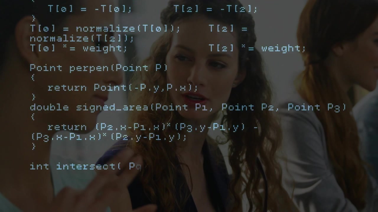 Code overlay appearing over table initiating colleagues gesturing and discussing C++ functions
