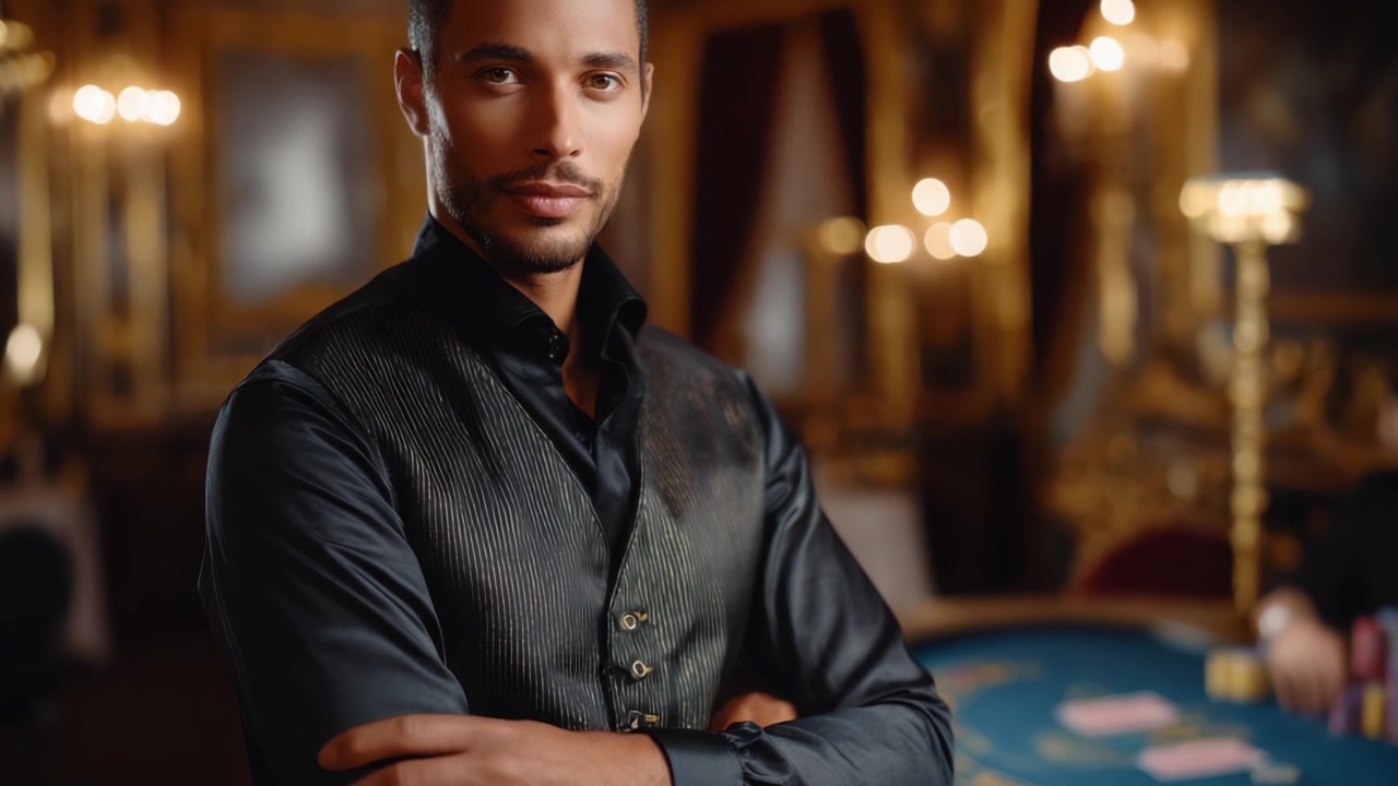 Croupier sicuro di sé in piedi in un elegante ambiente da casinò, pronto a distribuire le carte a un tavolo da poker, mostrando professionalità e fascino in un contesto lussuoso.