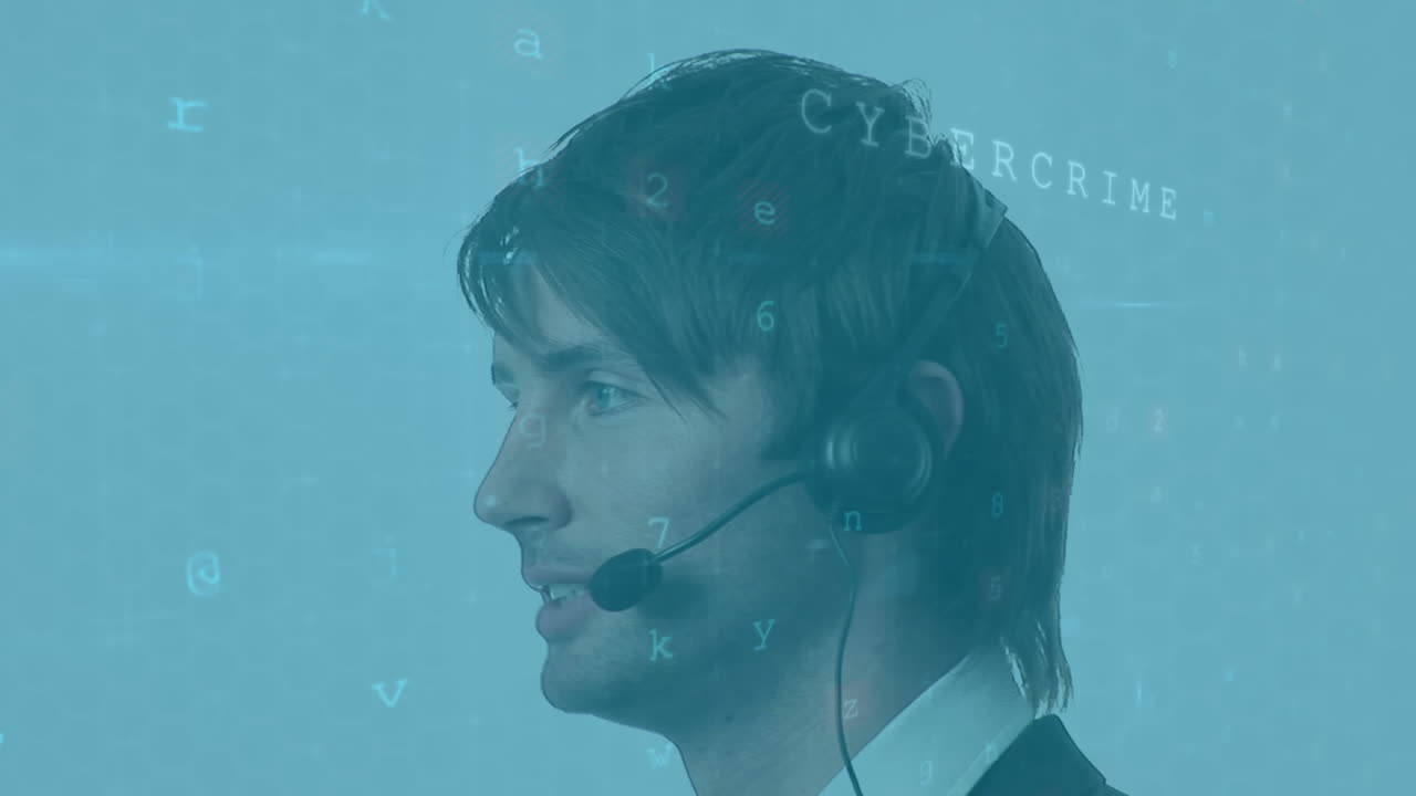 Cyber security data processing over caucasian male customer care executive talking on phone headset