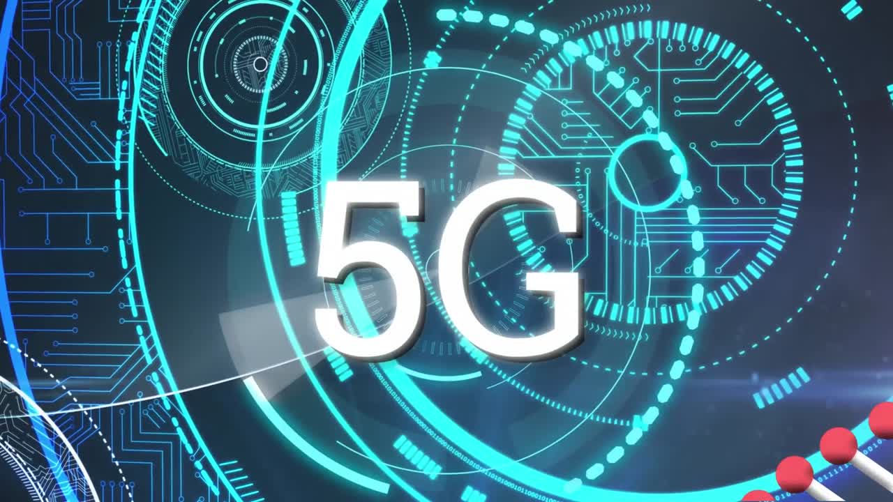 animazione di testo 5g e scansione dell'ambito su sfondo blu