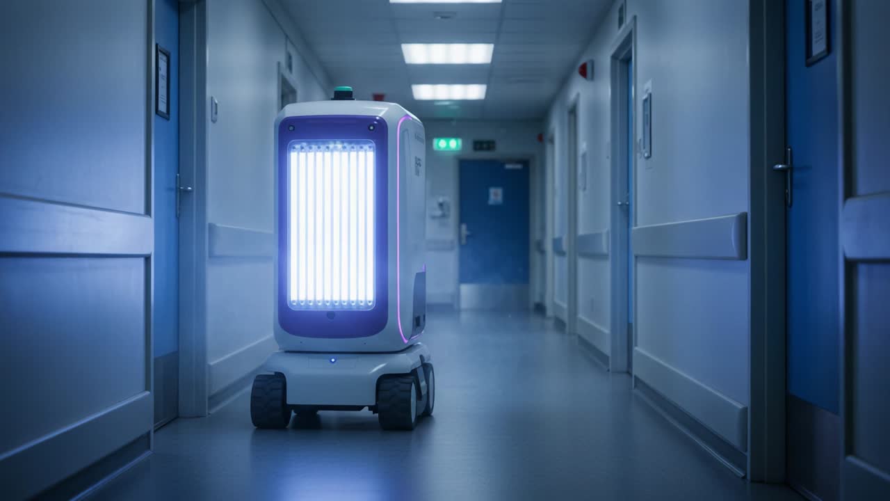 Innovative Robot Utility Device Emitting Light in a Hospital Corridor Designed to Enhance Sanitation and Health Safety Measures for Patients and Staff