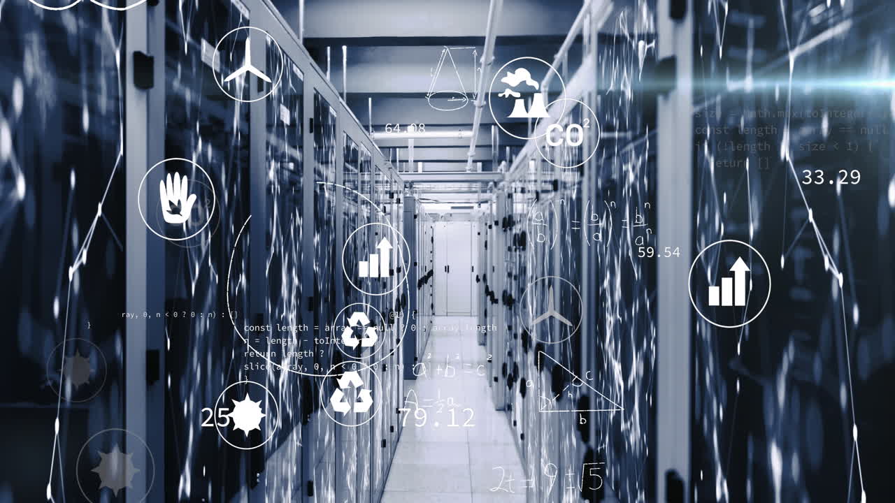 animación de múltiples iconos digitales, procesamiento de datos y red de conexiones contra la sala de servidores