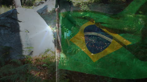 hiking through forest, people with brazilian flag animation overlay in nature