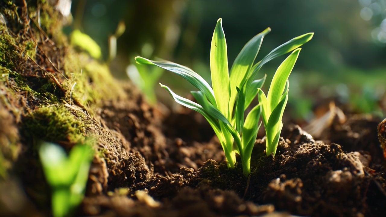 Un primo piano di giovani piantine verdi fresche che emergono da terreno fertile, illuminate dalla luce del sole in un ambiente naturale vibrante e lussureggiante.