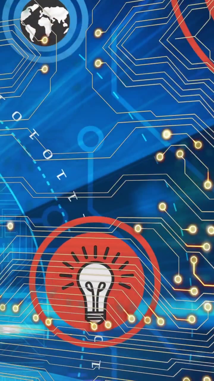 Animation of integrated circuit and tech icons over globe and blue background