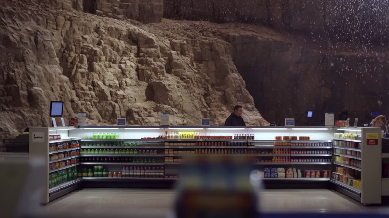 An interior view of a unique supermarket or convenience store with a rock formation mural and stocked shelves