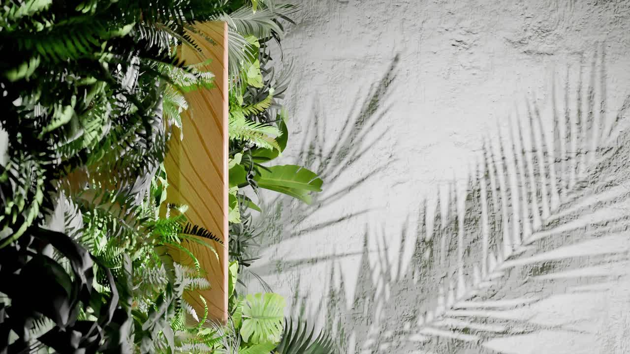 A Wooden podium surrounded by tropical green foliage with palm leaf shadows on white textured wall. Minimalist product display template. Summer and nature concept. wallpaper.copy space. vertical