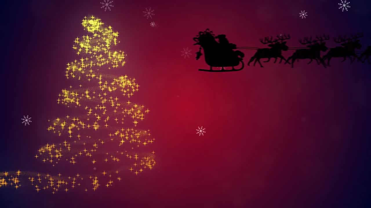 animación de santa en trineo sobre el árbol de navidad