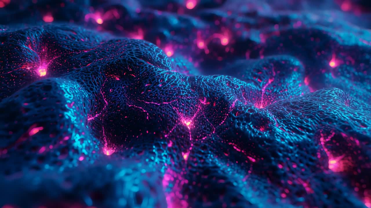 Rippling mesh forming waves in digital environment, simulating flow with pink nodes, neon filaments