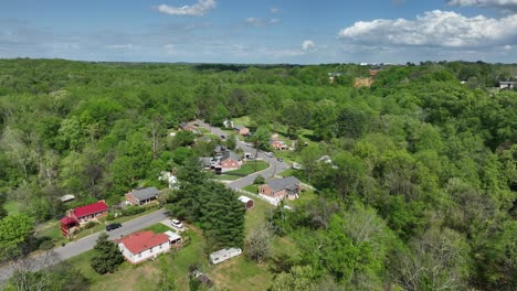 american housing area in idyllic green suburb district of town. green trees in spring. aerial forward wide shot. blue sky with sunlight. single family houses along street of virginia.