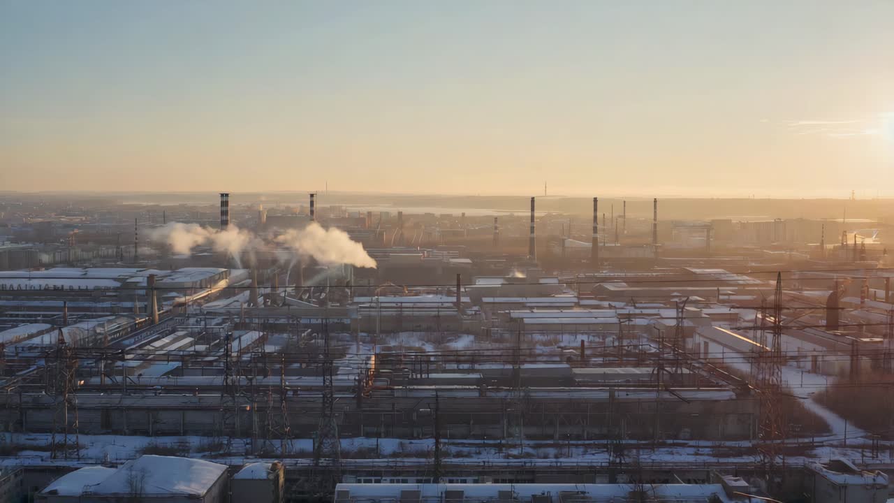 Industrial Complex with Smoking Chimneys at Sunset in Winter
