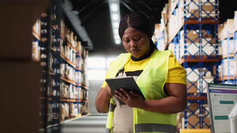 vertical video black worker uses package tracking interface on tablet for inventory control