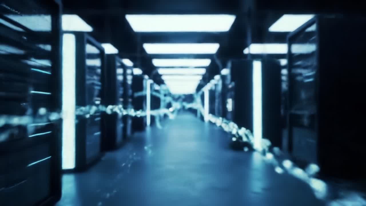 Futuristic corridor illuminated by neon lights with data streams flowing between rows of advanced technology storage units creating a sense of movement and energy